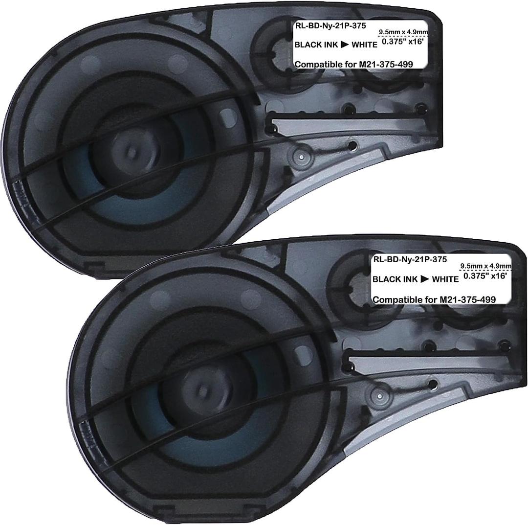 Compatible Label Tape Replacememt for M21-375-499-Black on White 3/8" High Adhesion Nylon Cloth-16' Length-0.375" Width- 2 Pack Compatible with BMP21 Plus/LAB Label Printers