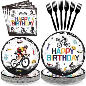 96Pcs Bicycle Birthday Party Decorations Mountain Bike Road Birthday Plates and Napkins Sets Sports Bicycle Racing Decorations for Boys Teens Adults Sports Bike Lover Bday Party Supplies Serves 24