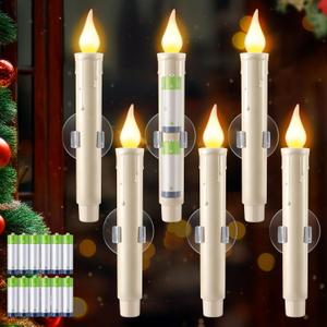 Enhon 6 Pcs Battery Operated Window Candles, Ivory LED Christmas Window Candles with Sensor Dusk to Dawn, Cordless Flameless Taper Candlestick with Battery & Suction Cup for Xmas Wedding Decorations