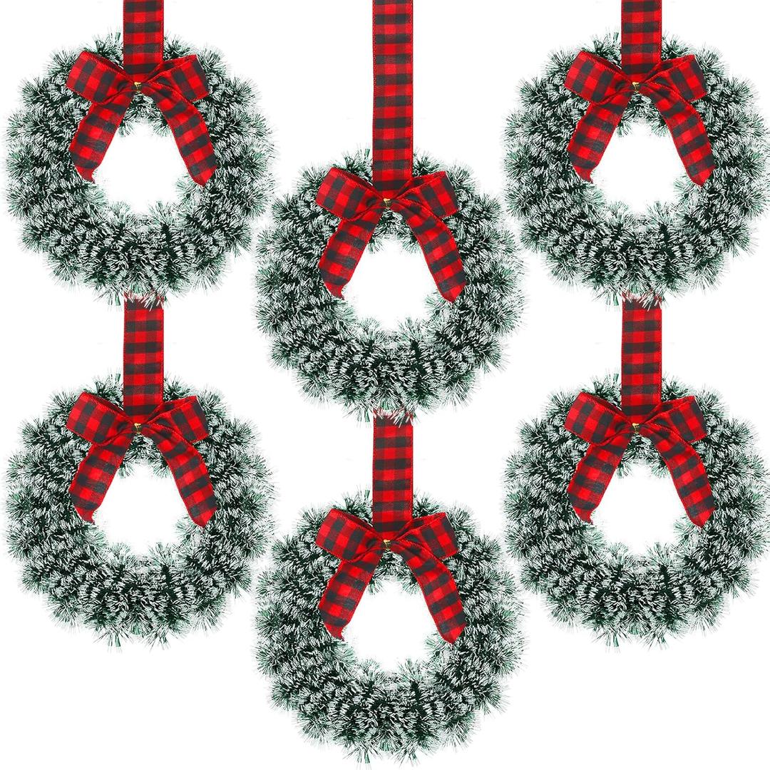 Capoda 6 Pcs Christmas Wreaths with Bow 10.24 Inch Buffalo Plaid Tinsel Wreaths Crafts for Front Door Outdoor Kitchen Cabinet Home Window Wall Xmas Hanging Decorations(Red and Black)