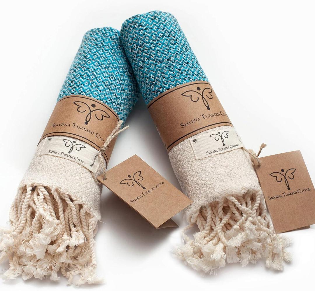 SMYRNA TURKISH COTTON Vintage Series Turkish Hand Towels, 16x40 inch, Decorative Turkish Hand Towels for Bathroom, Kitchen, Face, Hair, Tea, Yoga, Gym, Dishcloth Set of 2, Turquoise Blue