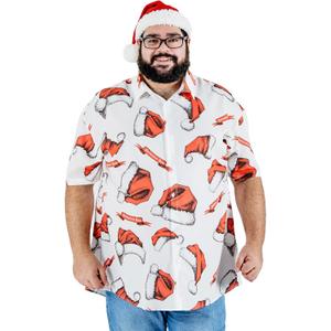 BRISIRA Big and Tall Christmas Shirts for Men Santa Hawaiian Vacation Short Sleeve Button Down Holiday Shirt Lightweight (3X-Large, White-christmas Hat)