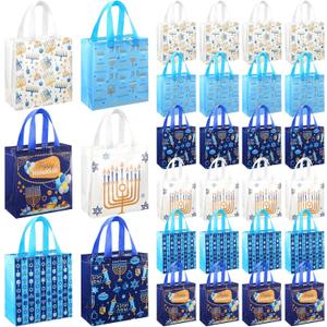 Tegeme 24 Pcs Hanukkah Gift Bags Bulk Chanukah Gift Bags Reusable Large Hanukkah Tote with Handles Non Woven for Gifts Wrapping Accessories Party Supply, 9x8.7x4.3''