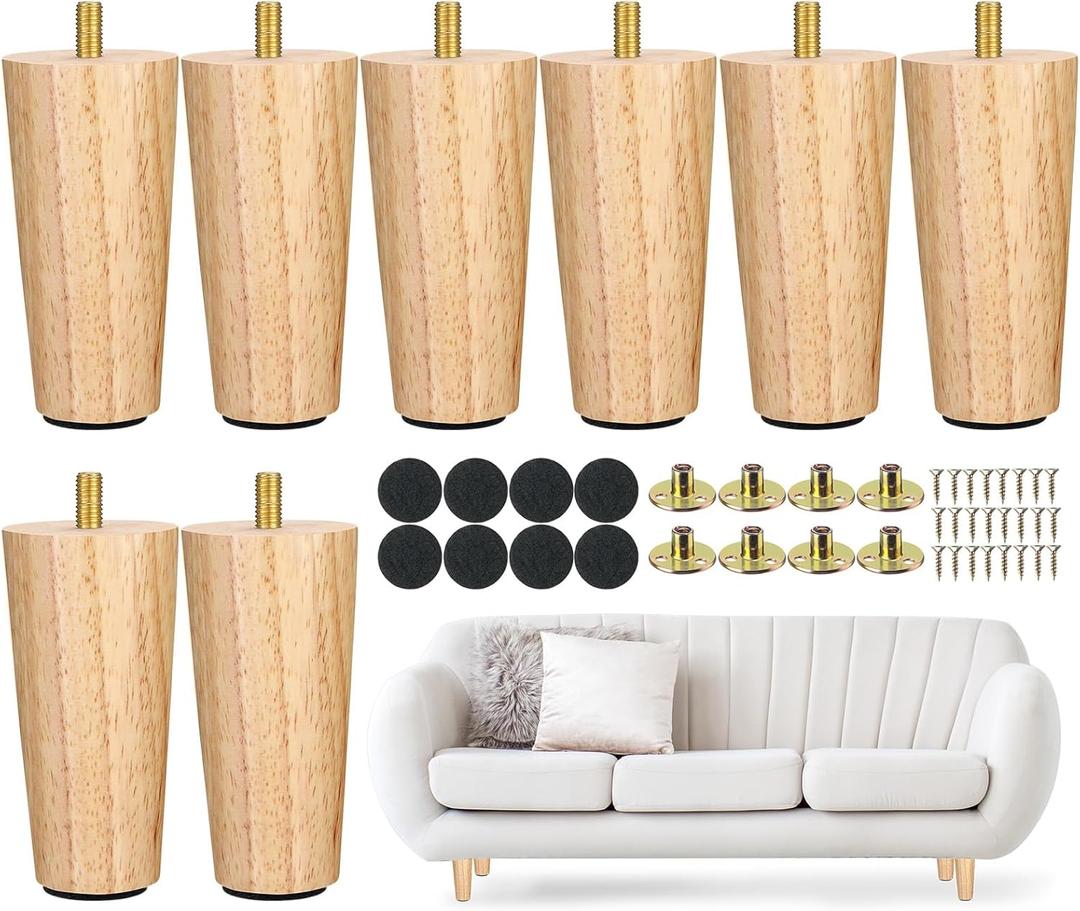 Maitys 4 Inch Round Solid Furniture Legs Furniture Wooden Replacement Chair Feet Dresser Sofa Couch Legs Table Cabinet Footstool DIY Projects for Home(Wood,7 Pcs)