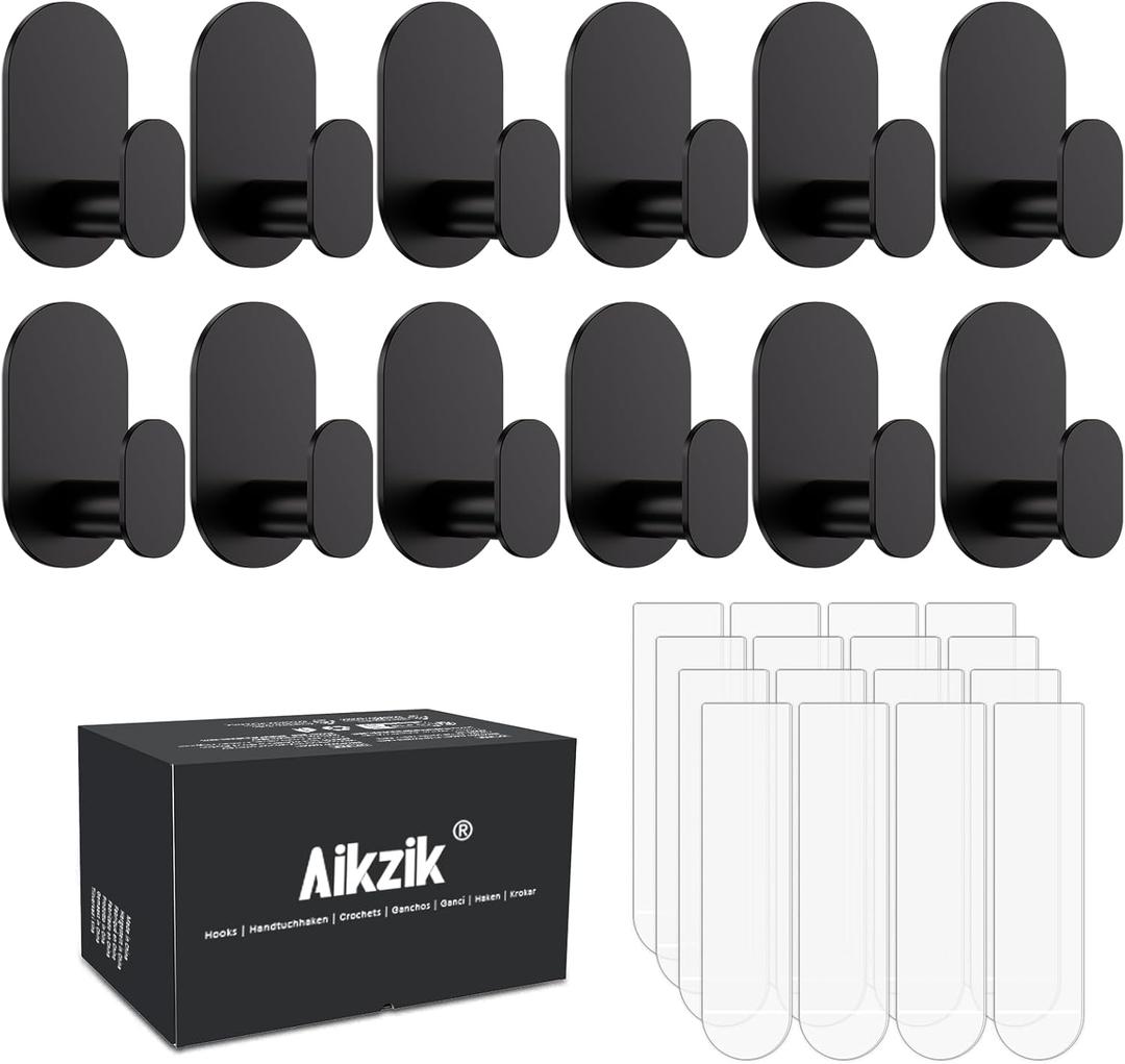Aikzik 12 Pcs Towel Hooks with 16 Removable Strips, Black Hooks for Walls No Damage, Adhesive Wall Hooks for Bathroom, Kitchen, Shower Hooks for Inside Shower, Stainless Steel Sticky Hooks for Hanging