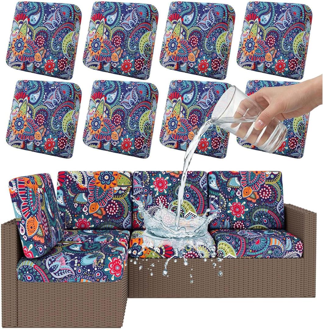 Smiry Waterproof Patio Cushion Covers, Stretch Outdoor Couch Slipcovers Replacement Washable Furniture Protector Sofa Chair Seat Cover for Dogs and Pets (8 Pcs, Blue Green)
