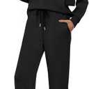 WIHOLL Lounge Sets for Women 2026 V Neck 2 Piece Outfits Airport Wide Leg Pants Matching Set Sweatsuits (Medium, 01 - Black)