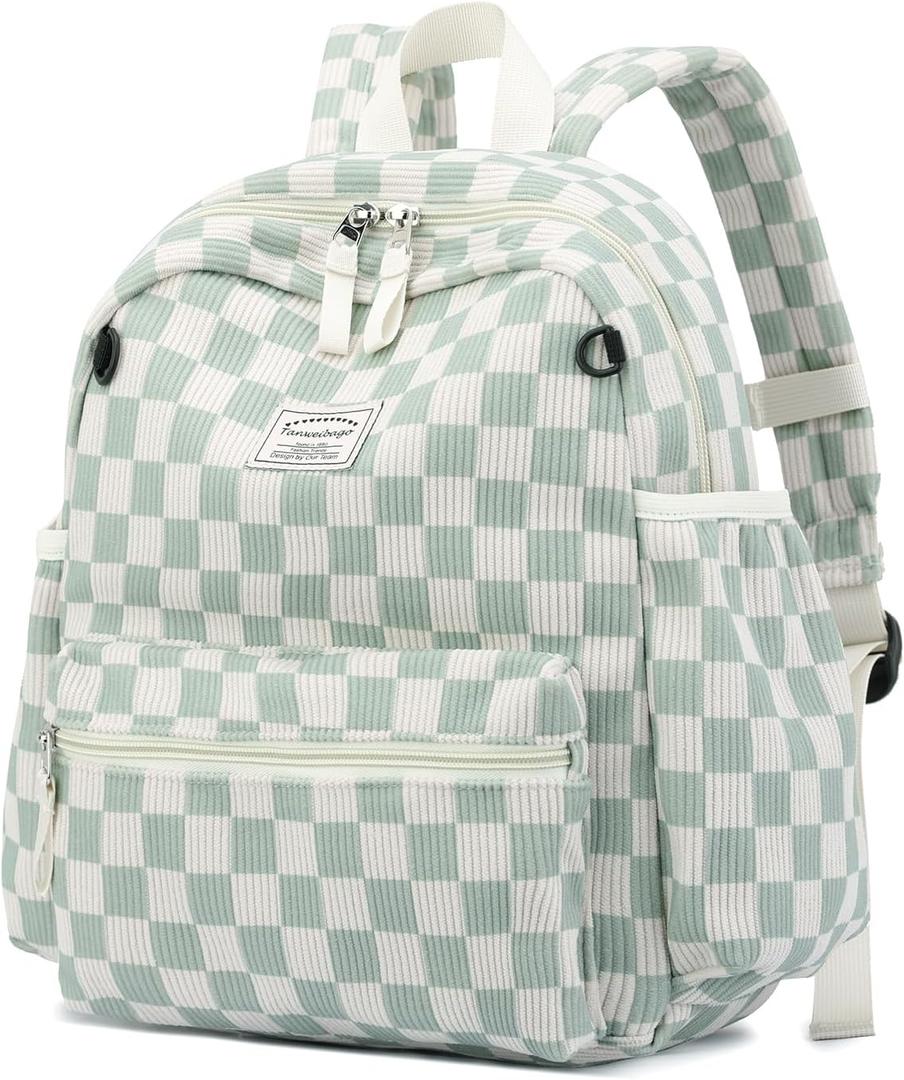 Tanweibago Corduroy Kids Backpack for Boys Girls Backpacks for Primary Elementary Kindergarten (Chessboard Green, Small(13.7" H Fit A4 Folder))