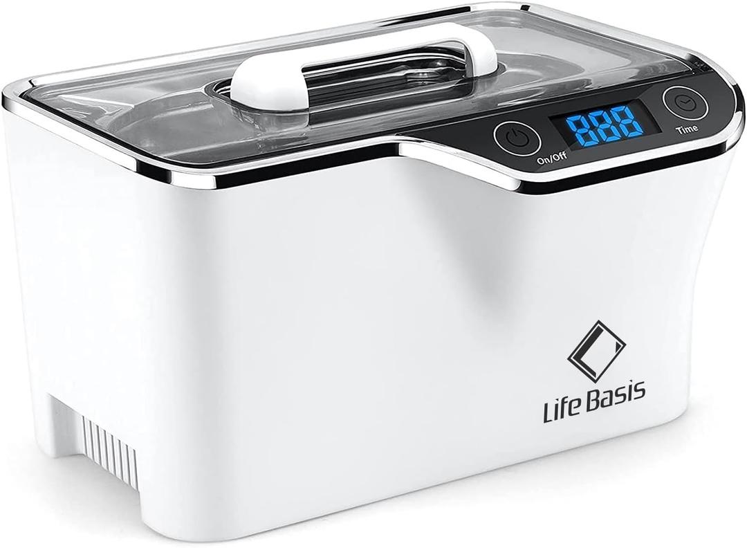 LifeBasis Ultrasonic Jewelry Cleaner, Professional 45kHz Ultrasonic Cleaner Machine 20 Ounces (600ML) with Digital Timer, Watch Holder Ultrasonic Glasses Cleaner for Ring, Coin, Watch, Denture -White