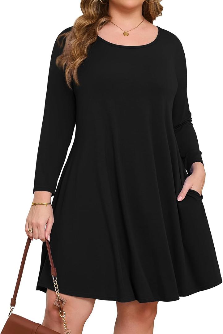  Women Plus Size 3/4 Sleeve Casual Dresses Crew Neck T Shirt Swing Dress with Pockets (4X-Large, Black)