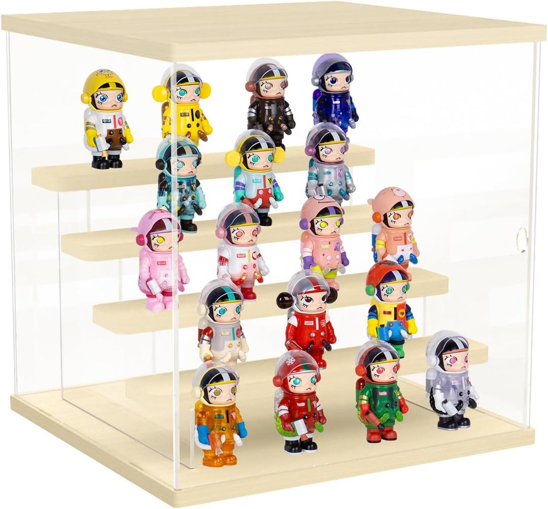 Nynelly Acrylic Display Case for Collectibles, 5 Tier Clear Display Box Stand with Door, Assemble Countertop Showcase Dustproof Storage Box for Minifigures, Funko Pop, Hot Wheels,Miniature (5 Tier-Solid Wood Step, Walnut)