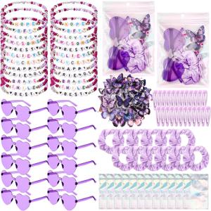 Quelay 134 Pcs Kpop Disco Party Favors Popular Singer Party Friendship Gift Set Birthday Bracelets Sunglasses Satin Scrunchie Clips Stickers Bags for 80s Y2k Fans Women(Heart,Purple)