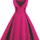 Women Vintage 1950s Polka Dot Retro Cocktail Prom Dresses Double Breasted Notch Lapel 50's 60's Rockabilly Square Neck Patchwork Button Audrey Swing Dress Wedding Party Flared Midi Dress 02#Hot Pink M