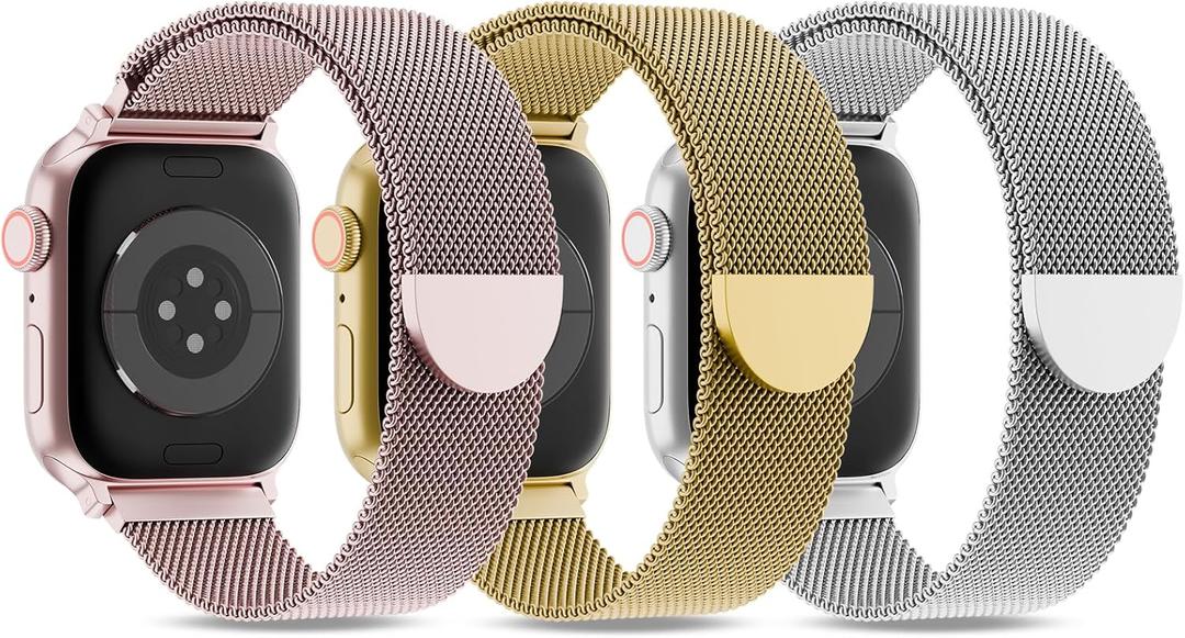3 Pack Metal Mesh Loop Compatible with Apple Watch Band 38mm 40mm 41mm 42mm 44mm 45mm 46mm 49mm Women Men, Stainless Steel Magnetic Clasp Strap for iWatch Series 11 10 9 8 SE 7 6 5 4 3 2 1 Ultra