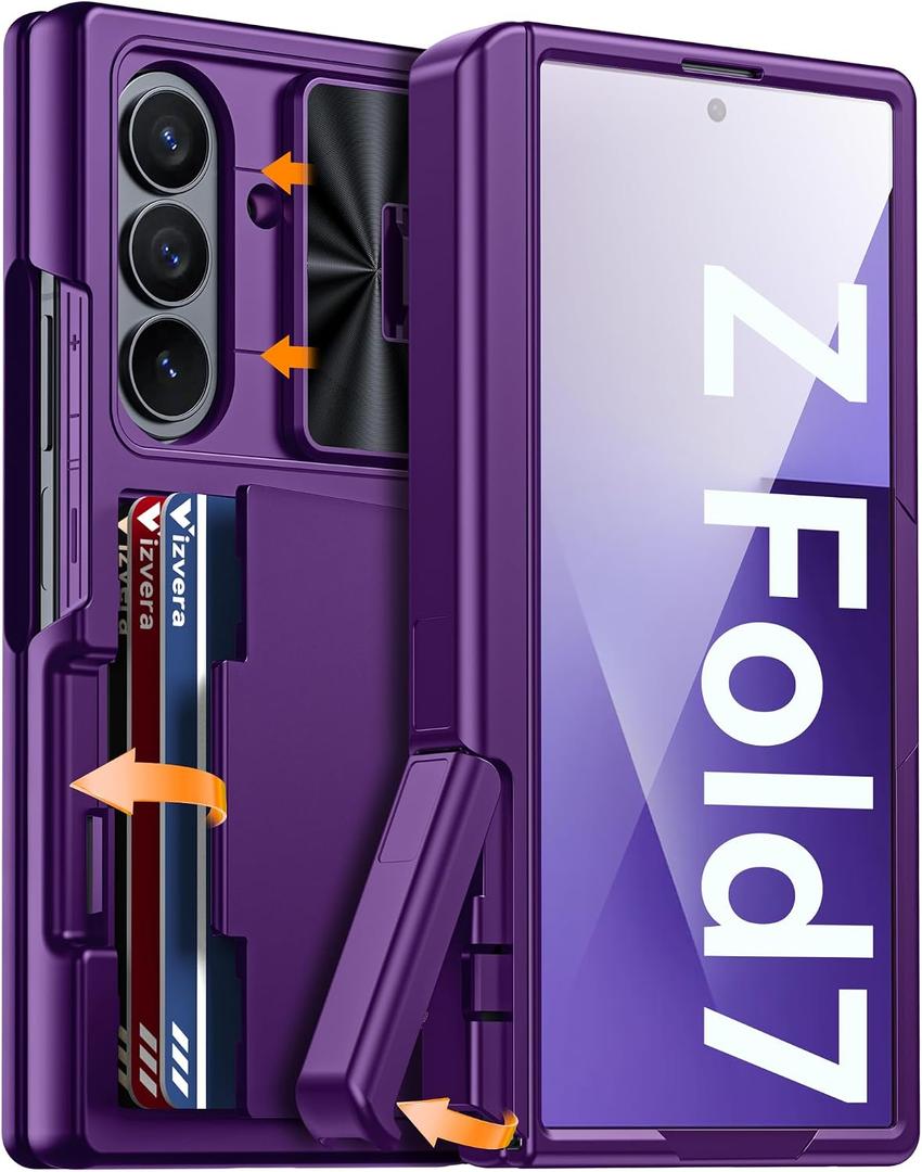 Vizvera for Samsung Galaxy Z Fold 7 Case RFID Wallet with Cards Holder[Kickstand][Camera Cover] Shockproof Silicone Protective Phone Case for Z Fold 7 2025-Purple