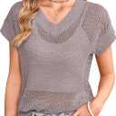 Cakulo Summer Crochet Tops for Women 2025 Short Sleeve V Neck Hollow Out Knit Beach Cover Up Casual Sweater Top (Small, Light Purple)