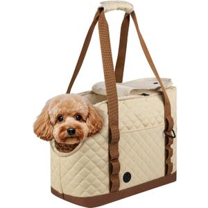 Dog Purse Carrier for Small Dogs, Soft Sided Pet Carrier with Pockets, Foldable Dog Carrier Purse for Puppy, Rabbit, Cat, Washable Breathable Pet Carrier, Dog Carrier Bag for Outdoor Shopping Travel (Beige)