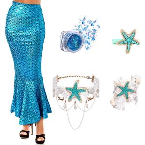 5 Pcs Halloween Mermaid Cosplay Costume Women Halloween Mermaid Starfish Hair Clip Necklace Sequins Shiny Skirt Armband (Large, Blue)