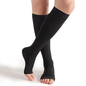 Bounfend Compression Socks 20-30mmHg, Knee High Open Toe, Medical Grade Stockings for Women and Men,Varicose Vein Swollen Legs, Shin Splints, Nursing, Travel, Black XL