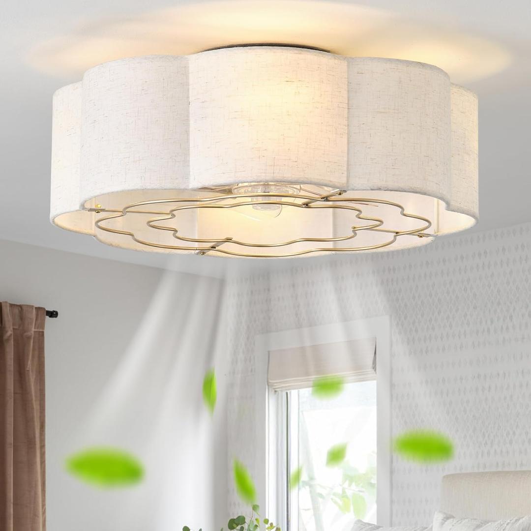 20" Flush Mount Ceiling Fans with Lights, Low Profile Ceiling Fan with Light Remote Control, Bladeless Boho with 6 Speeds for Bedroom, Nursery, Living Room (Beige)