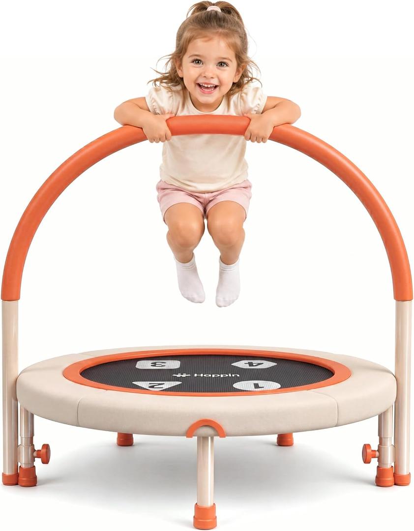 Happin 36'' Toddler Trampoline Indoor, Foldable Mini Trampoline for Kids Ages 2-6, ASTM Certified, Adjustable Handle, Safety Pad for Indoor & Outdoor, Baby Trampolines, for Boy & Girl