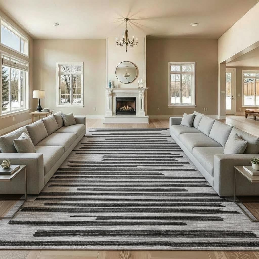 GarveeHome Beige Black 9x12 Washable Area Rug for Living Room: Modern Striped Washable Living Room Area Rug Striped Modern Non Slip Low Pile Carpet for Bedroom Soft Stain-Resistant Carpet.