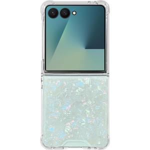 Abbery for Samsung Galaxy Z Flip 7 Case Cute Clear with Holographic Seashell Design Bling Glitter Sparkle Aesthetic Protective Shockproof Women Girly White Aurora Holo Conch Case for Galaxy Z Flip 7