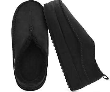 KuaiLu Men's Moccasin Slippers Memory Foam Indoor/ Outdoor Warm Suede House Shoes Winter Clogs Slip-on Boots Slippers For Man with Fuzzy Sherpa Lining & Arch Support, Black Size 10