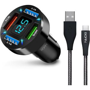 31W 4-Port Cigarette Lighter Car Charger with Fast Charging with 3FT USB-ATO USB-C Cable, 4in1 Cigarette Lighter Car Charger Compatible with iPhone 17/16/15, iPad Pro, Galaxy S24/23 and More