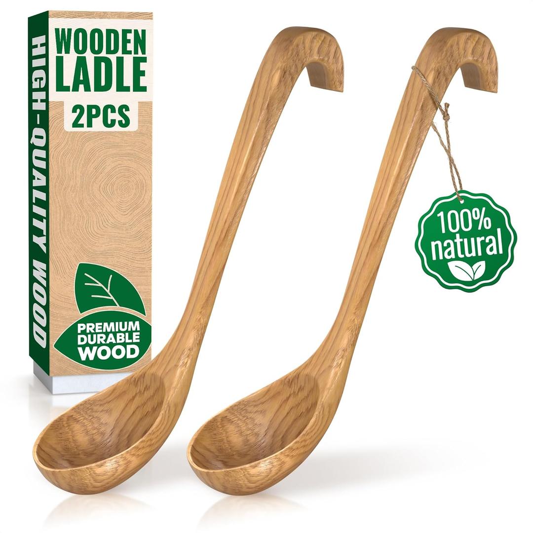 2 Pcs Wooden Ladle for Soup  10.82.8" Bamboo Soup Ladle for Stews and Sauces with Deep 2.7 fl oz Capacity & Lacquer-Coated Finish  Wooden Cooking Spoons with Hook Handles for Kitchen & Catering