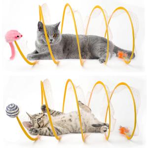 2-Pack Large Cat Tunnel Beds - Indoor & Outdoor,Kitten Collapsible Spring Tunnel Toy with Feather and Bell,Interactive Spring Toys for Cats & KittensYellow