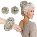 FESHFEN 2PCs Small Messy Bun Hair Piece for Thin Hair Women Girl Mini Synthetic Elastic Wavy Space-bun Scrunchies Updo Hairpieces, Silver Grey