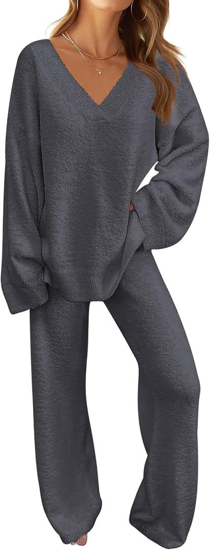 MEROKEETY Women's Lounge Sets 2026 Fall Fashion 2 Piece Outfits Sweater Pajama Set Fuzzy Loungewear Matching Winter Clothes (X-Large, Darkgrey)