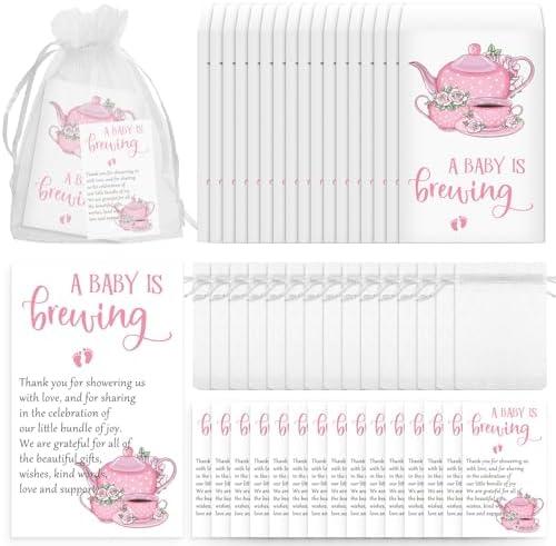 Spakon 50 Sets Baby Shower Tea Party Favors Party Gift Include a Baby Is Brewing Bags Brew Bag Thank You Cards and Organza Bags Favors for Guests Gender Reveal, No Tea