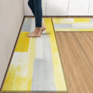 Arttown Gray Yellow Anti-Fatigue Kitchen Rug Set of 2 Office Contemporary Abstract Cushioned Floor Standing Mat Waterproof Non-Slip Kitchen Mat and PVC Ergonomic Comfort Foam Rug (17.3 x 47 inch + 17.3 x 29 in)
