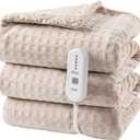 Dowin Heated Blanket Electric Blanket - Throw Size Waffle Fleece Heating Warming Blankets with Auto Shut Off for Couch Office Chair Bed Adults Fuzzy Cozy Machine Washable 50x60 Khaki