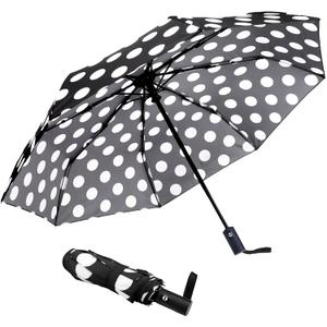Travel Essentials Umbrella Windproof Compact Collapsible Light, Automatic, Strong and Portable, Wind Resistant Folding Small Umbrella for Rain (Black Polka Dots)