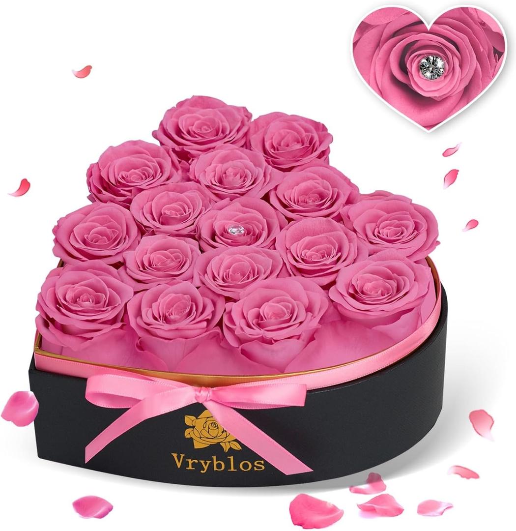 16 Pieces Forever Flower Heart Shape in a Box Preserved Pink Roses for Delivery Grade A Quality 100% Real Immortal Flowers Eternal Birthday for Her Mom Women Wife Girlfriends (Pink)