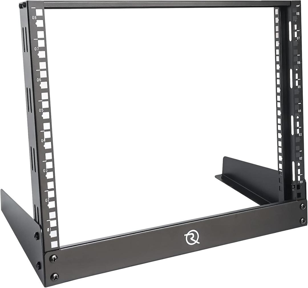 RIVECO 8U Desktop Rack for Network & Audio, 19 Inch 2 Post Open Frame Cabinet with Reinforced Beam, Free Standing Tabletop Racks for IT Server Music Recording Studio AV Equipment