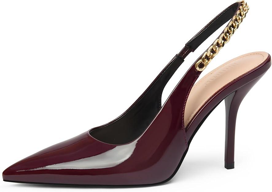 iiimmu Women's Stiletto Heels Closed Pointed Toe 4 in Heels for Women Patent Leather Pumps with Chain Wedding Party Dress Prom Heels Slingback Pumps 7