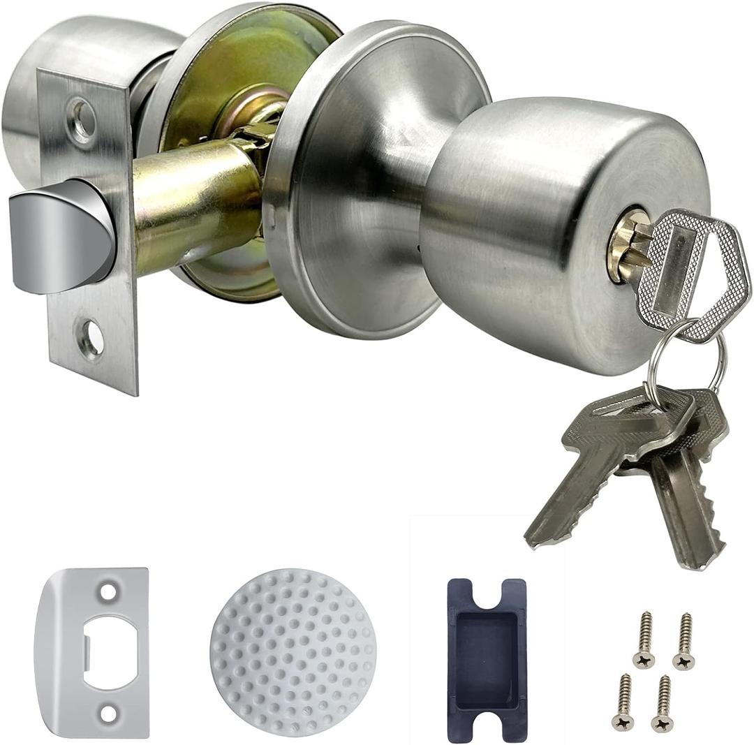 Satin Nickel Door Knob with Lock and Key Round Ball Lock Interior/Exterior Door Knob for Bedroom Or Bathroom (1 Pack)