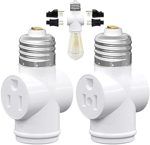 2 Pack, Light Socket to Plug Adapter, Convert E26 Light Socket to 3-Prong Outlet Adapter and Light Bulb Socket (White)
