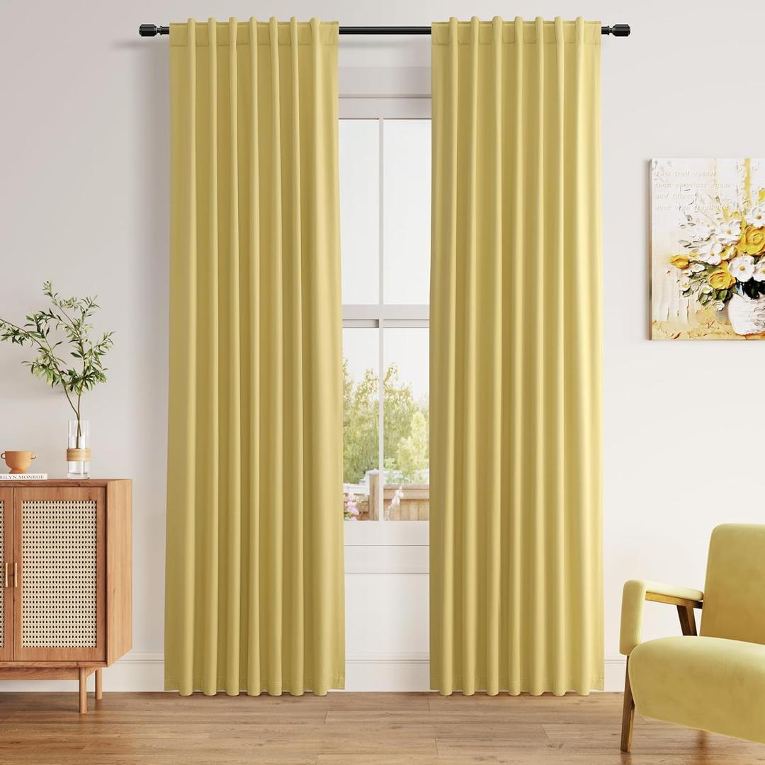 Guken Yellow 100% Blackout Linen Curtains 84 Inch Length 2 Panels Set for Living Room Bedroom Back Tab Thermal Insulated Black Out Drapes Room Darkening Window Curtains 84 Inches Long