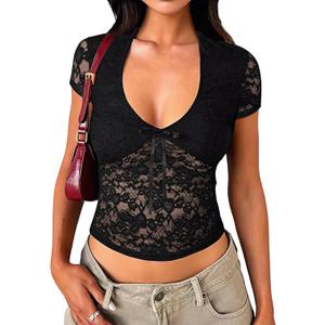 Womens Lace Tops Going Out Summer Short Sleeve V Neck Mesh Sheer Crop Shirts Cute Y2K Trendy Outfits 2026 (Black, L)
