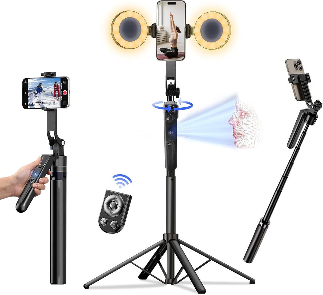 Auto Face Tracking Tripod for iPhone with Light, No APP Needed 70.9" Phone Camera Tripod Stand 360 Rotation Selfie Stick Follows Your Movement with Remote for Content Creator Vlog Live Stream