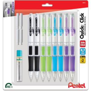 Pentel Quick Click Mechanical Pencil, (0.7mm), Includes Refill Lead and Erasers, Pack of 8 Pencils (PD217LEBP8)