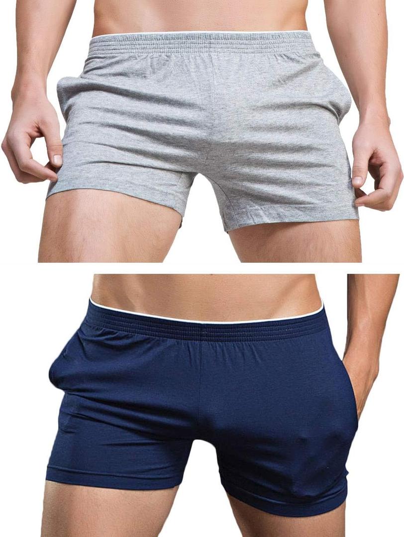 Rexcyril Men's Running Workout Active Shorts Cotton Gym Training Lounge Sleep Bottoms (26-29, 2 Pack (Grey + Navy Blue))