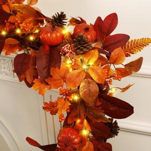 SHareconn 2 Packs 9ft Fall Garland with Lights and Timer for Mantle