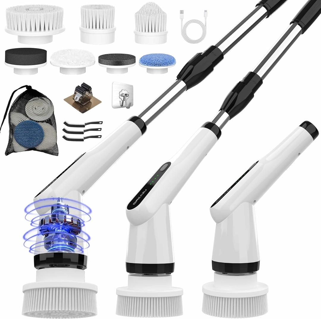 Electric Scrubber Brush, IPX7 Electric Scrubber for Shower, Electric Cleaning Brush Scrubber with 7 Replaceable Brush Heads & Retractable Handle, 2-Speed Adjustable Spin Cleaning Brush (Gray & White)