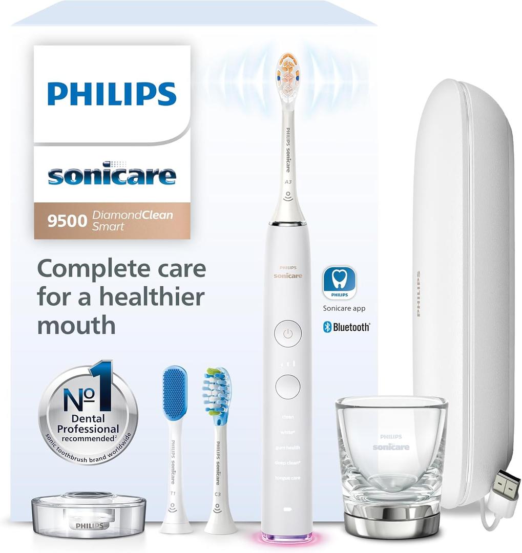 Philips Sonicare DiamondClean Smart 9500 Electric Toothbrush - Sonic Toothbrush with App, Pressure Sensor, 15 Brushing Settings, Replacement Reminder, USB Charging Travel Case, White, Model HX9923/01